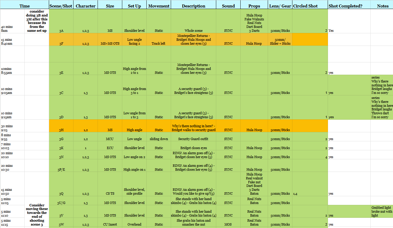 Shooting schedule from a student film where I worked as Assistant Director