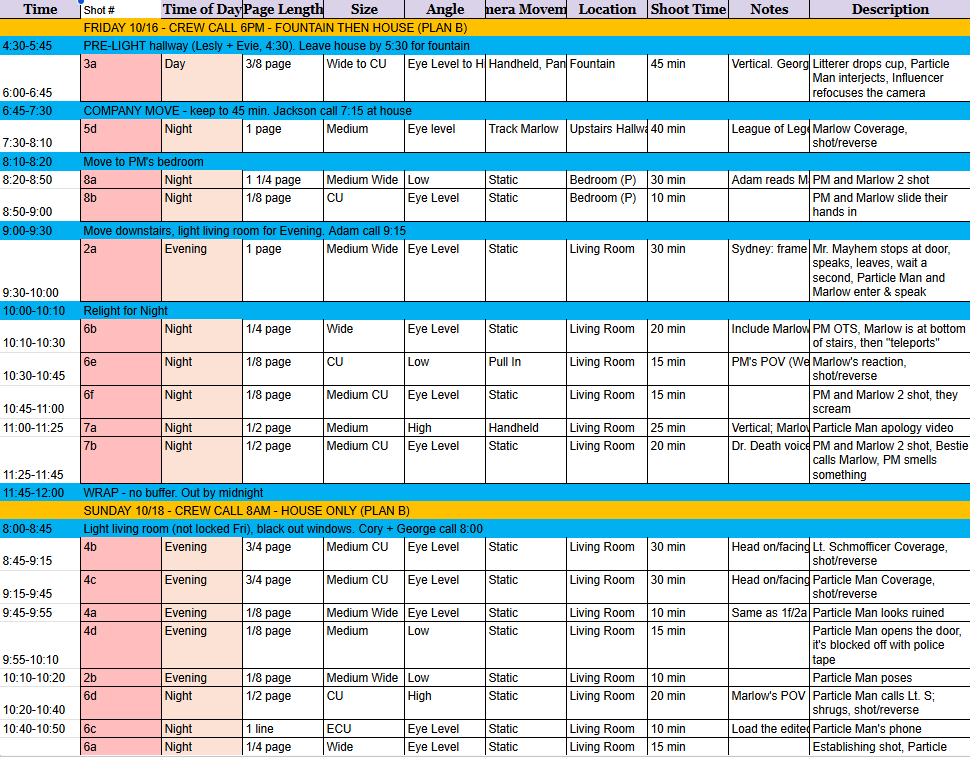 A second page of the shooting schedule